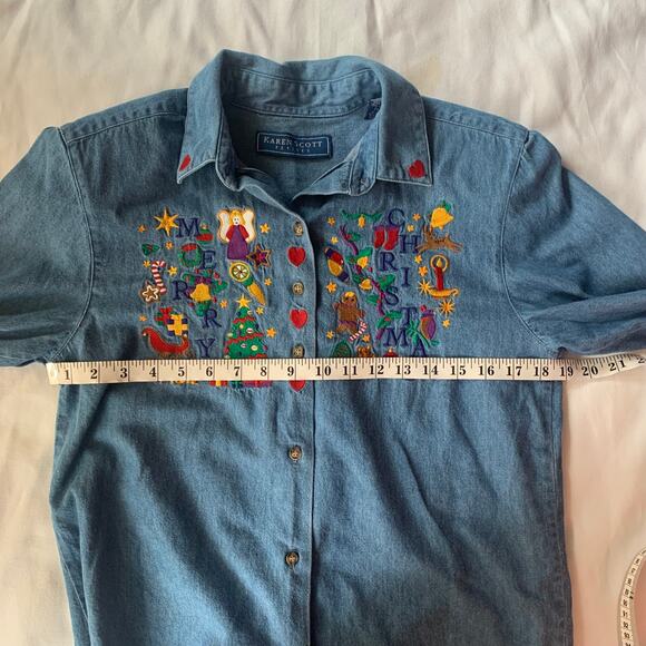 Karen Scott Christmas Embroidered Button Down Denim Chambray Size Petite Small - Picture 7 of 7